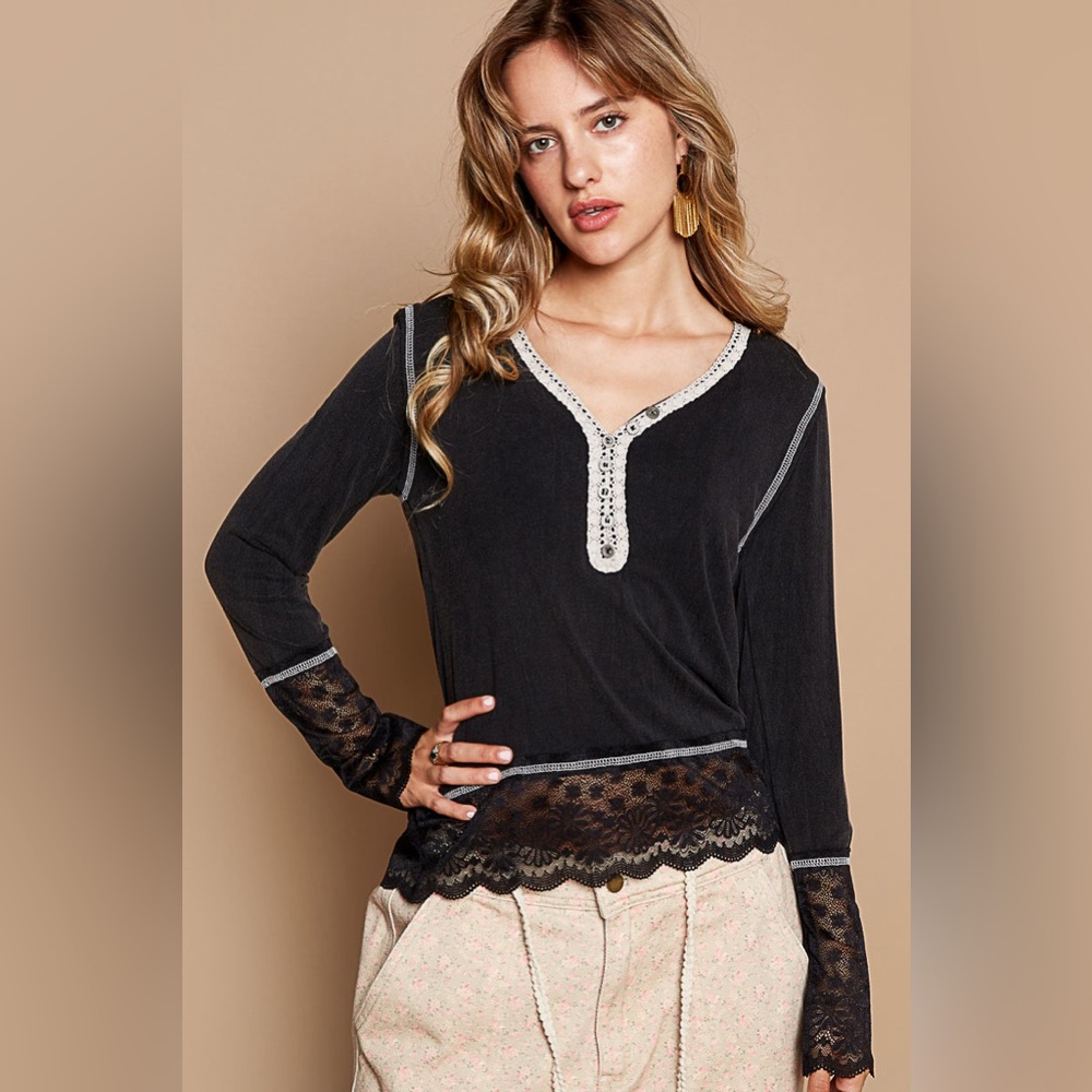 POL Black Henley Top Lace Sleeves - Picture 4 of 5